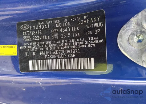 2013 Hyundai Genesis 2.0T z USA, uszkodzony, nr VIN KMHHT6KD7DU091971